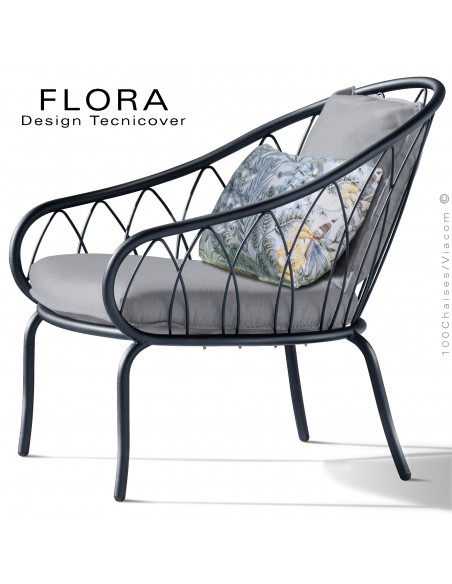 Fauteuil lounge design d'extérieur FLORA, structure acier peint anthracite, assise avec coussin habillage tissu argent.