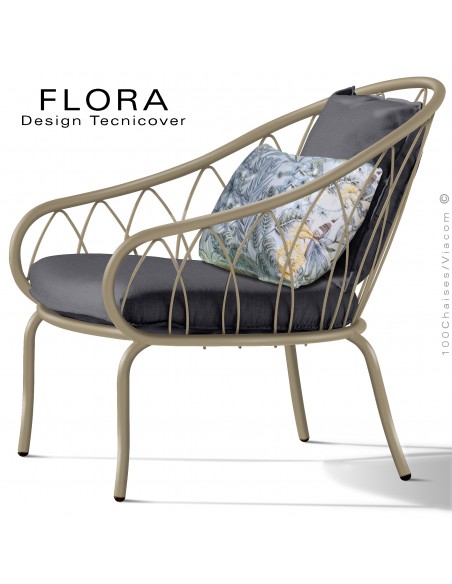 Fauteuil lounge design d'extérieur FLORA, structure acier peint beige, assise avec coussin habillage tissu anthracite.