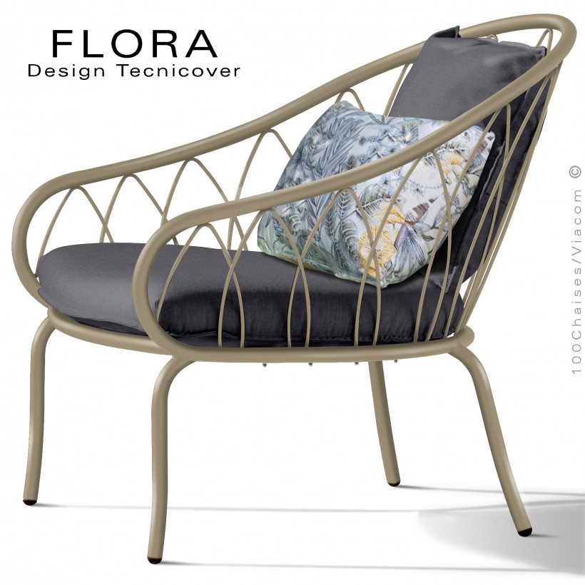 Fauteuil lounge design d'extérieur FLORA, structure acier peint beige, assise avec coussin habillage tissu anthracite.