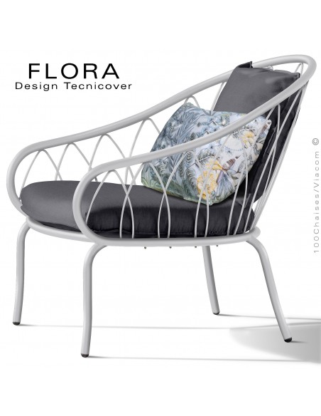 Fauteuil lounge design d'extérieur FLORA, structure acier peint blanc, assise avec coussin habillage tissu anthracite.