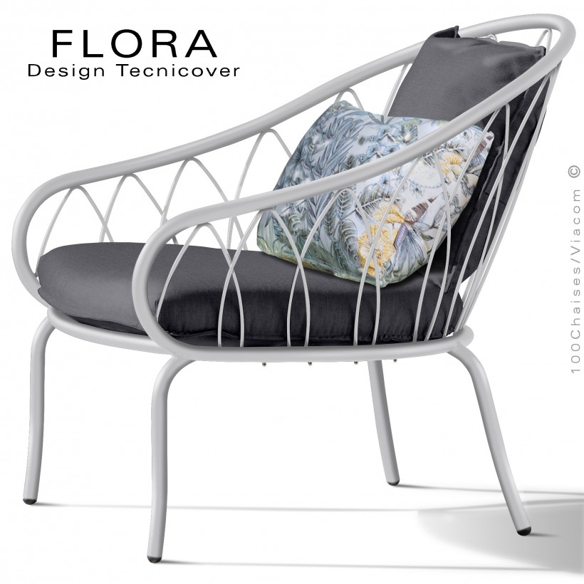 Fauteuil lounge design d'extérieur FLORA, structure acier peint blanc, assise avec coussin habillage tissu anthracite.