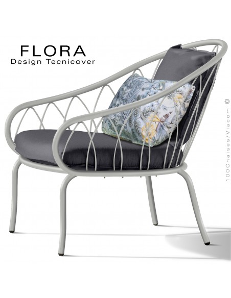 Fauteuil lounge design d'extérieur FLORA, structure acier peint blanc perle, assise avec coussin habillage tissu anthracite.