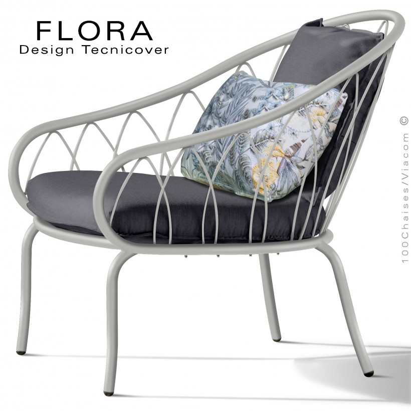 Fauteuil lounge design d'extérieur FLORA, structure acier peint blanc perle, assise avec coussin habillage tissu anthracite.