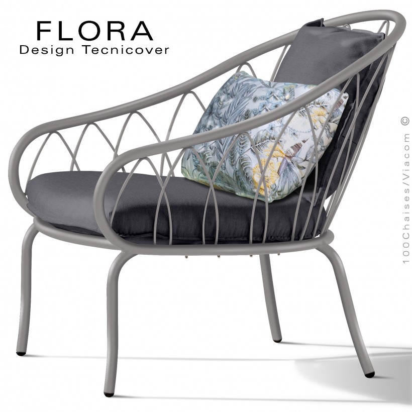 Fauteuil lounge design d'extérieur FLORA, structure peint gris Tourterelle, assise avec coussin habillage tissu anthracite.