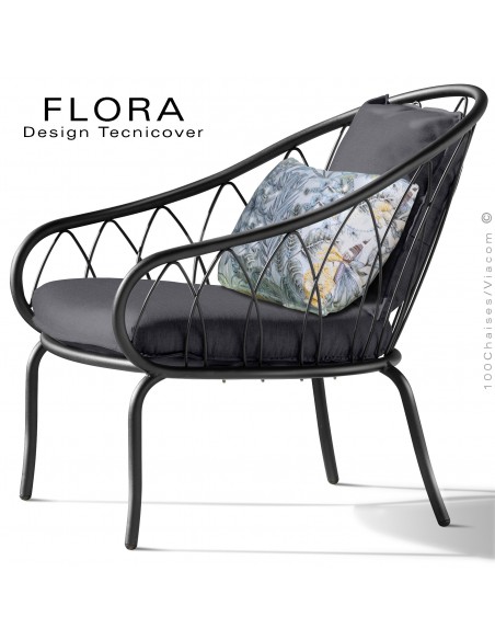 Fauteuil lounge design d'extérieur FLORA, structure peint noir, assise avec coussin habillage tissu anthracite.