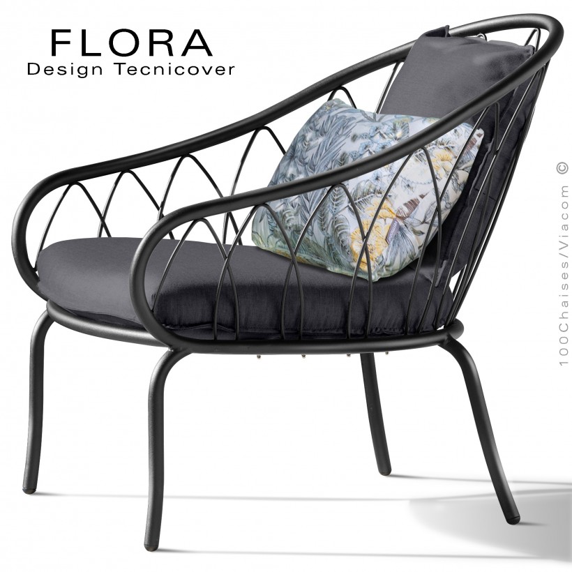 Fauteuil lounge design d'extérieur FLORA, structure peint noir, assise avec coussin habillage tissu anthracite.