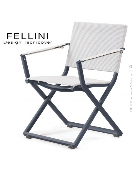 Fauteuil pliant d'extérieur FELLINI, structure aluminium peint anthracite, assise et dossier tissu technique Batyline, blanc.