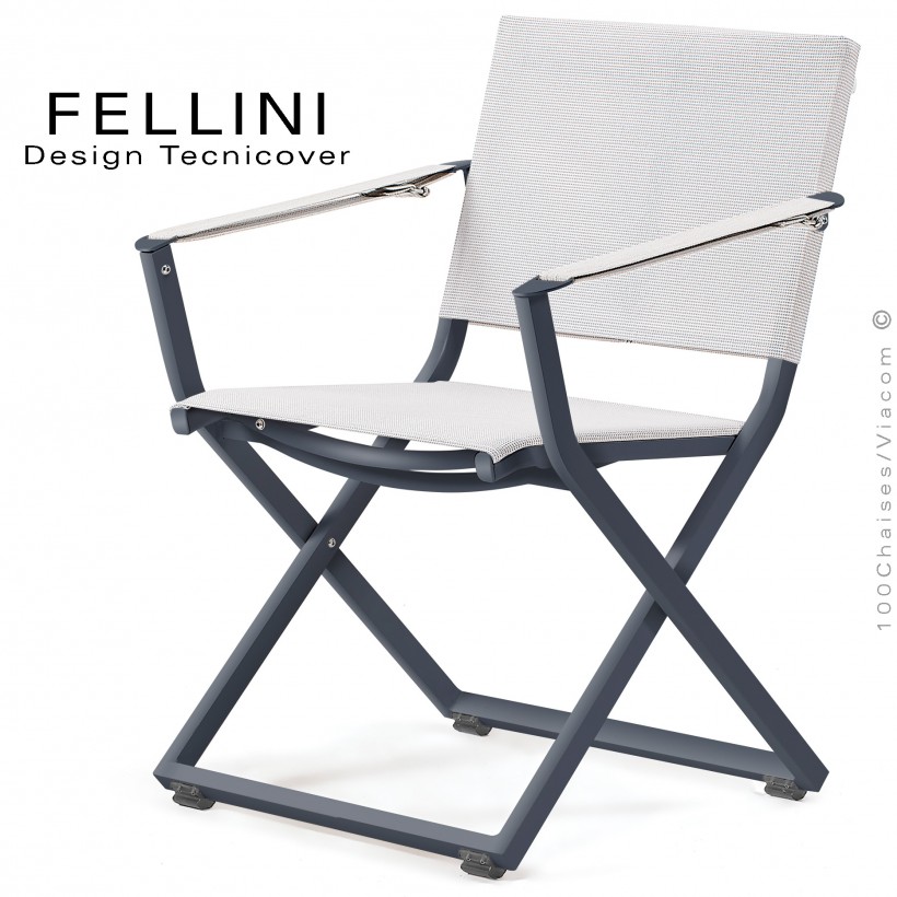 Fauteuil pliant d'extérieur FELLINI, structure aluminium peint anthracite, assise et dossier tissu technique Batyline, blanc.