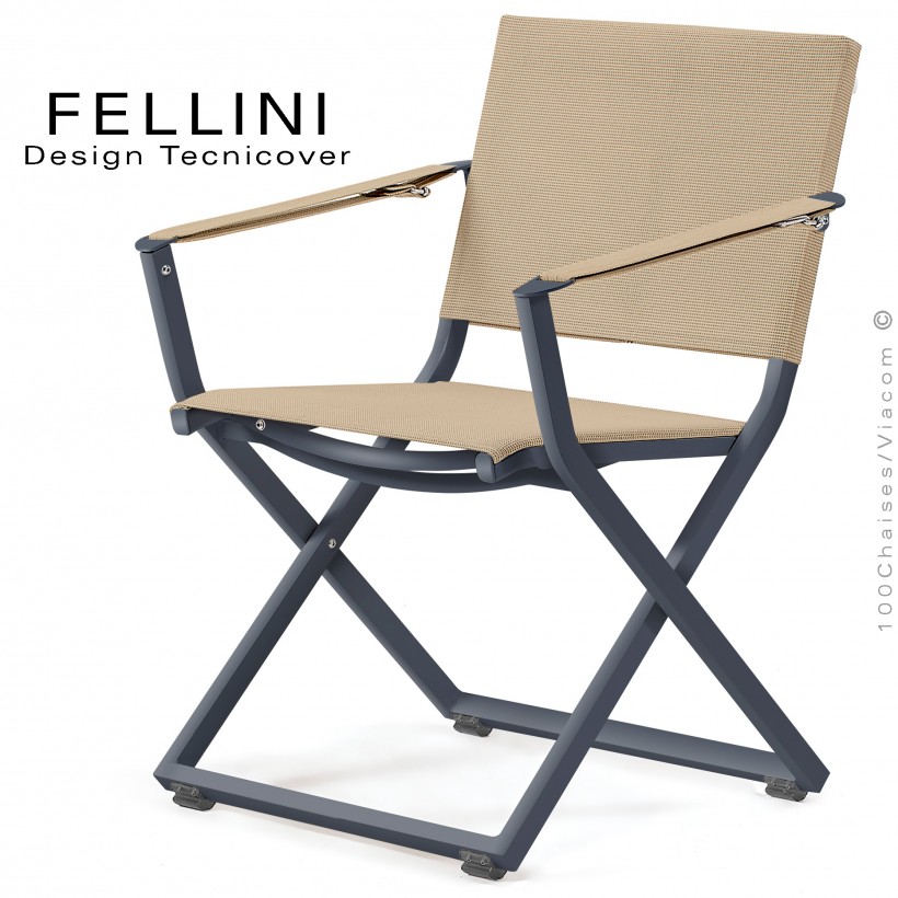 Fauteuil pliant d'extérieur FELLINI, structure aluminium peint anthracite, assise et dossier tissu technique Batyline, écru.