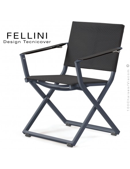 Fauteuil pliant d'extérieur FELLINI, structure aluminium peint anthracite, assise et dossier tissu technique Batyline, noir.