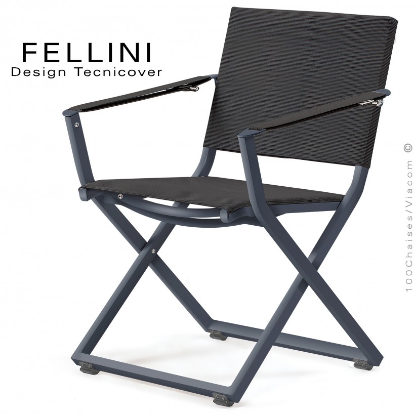 Fauteuil pliant d'extérieur FELLINI, structure aluminium peint anthracite, assise et dossier tissu technique Batyline, noir.