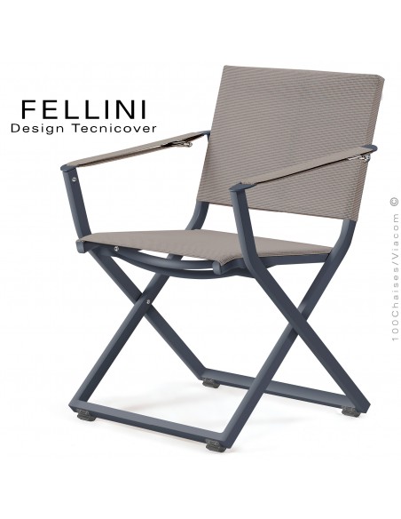 Fauteuil pliant d'extérieur FELLINI, structure aluminium peint anthracite, assise et dossier tissu technique Batyline, taupe.