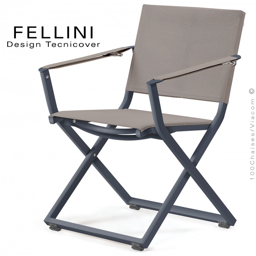 Fauteuil pliant d'extérieur FELLINI, structure aluminium peint anthracite, assise et dossier tissu technique Batyline, taupe.