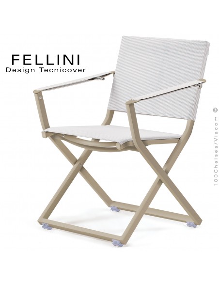 Fauteuil pliant d'extérieur FELLINI, structure aluminium peint beige, assise et dossier tissu technique Batyline, blanc.