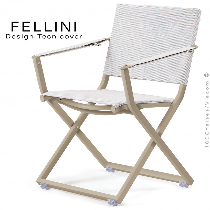 Fauteuil pliant d'extérieur FELLINI, structure aluminium peint beige, assise et dossier tissu technique Batyline, blanc.