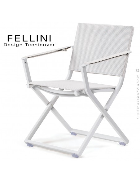 Fauteuil pliant d'extérieur FELLINI, structure aluminium peint blanc, assise et dossier tissu technique Batyline, blanc.