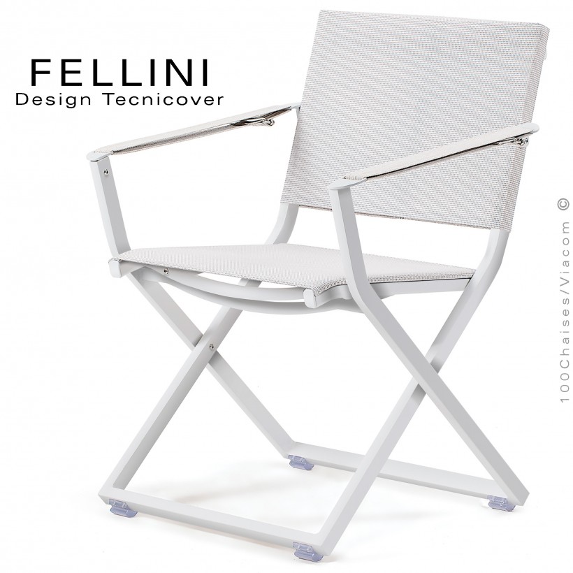 Fauteuil pliant d'extérieur FELLINI, structure aluminium peint blanc, assise et dossier tissu technique Batyline, blanc.