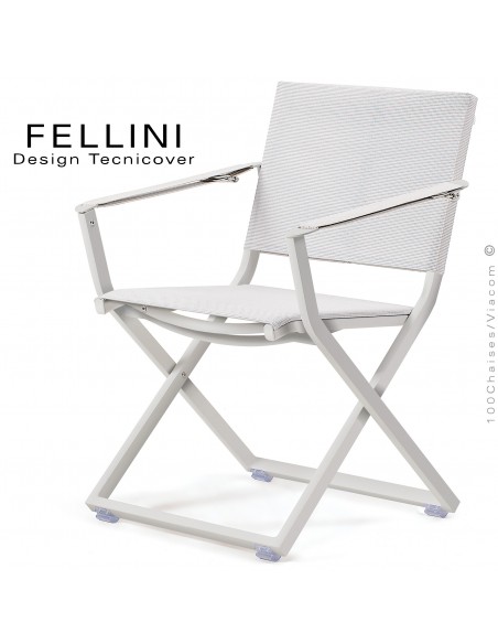 Fauteuil pliant d'extérieur FELLINI, structure aluminium peint blanc perle, assise et dossier tissu technique Batyline, blanc.