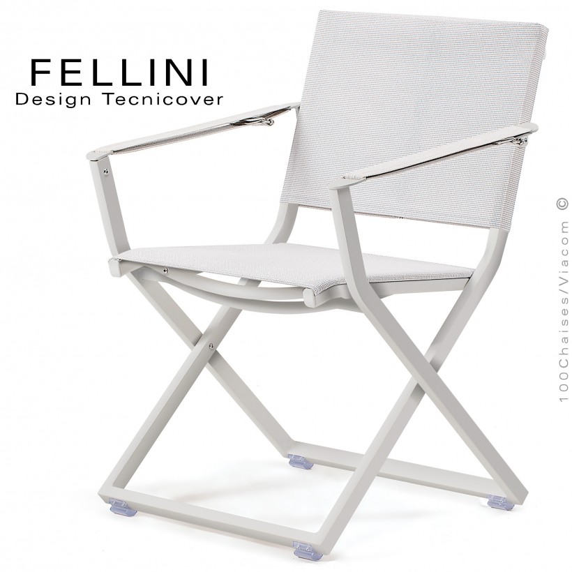 Fauteuil pliant d'extérieur FELLINI, structure aluminium peint blanc perle, assise et dossier tissu technique Batyline, blanc.