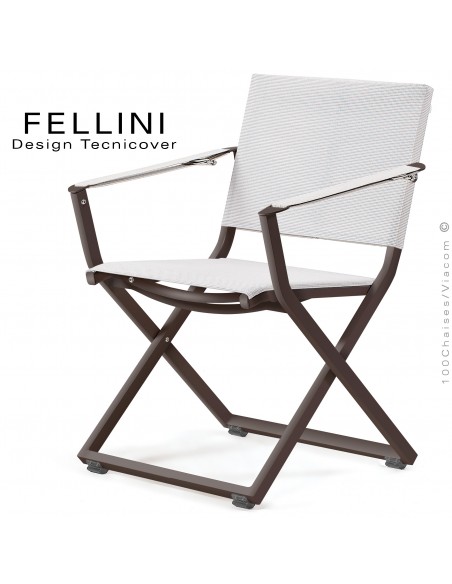 Fauteuil pliant d'extérieur FELLINI, structure aluminium peint bronze, assise et dossier tissu technique Batyline, blanc.