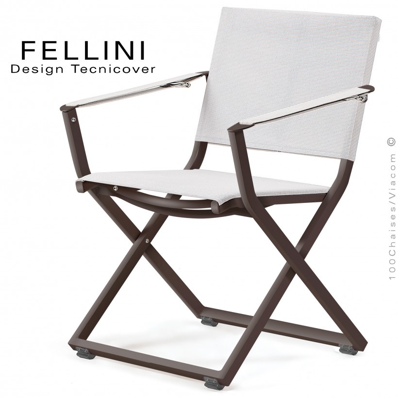 Fauteuil pliant d'extérieur FELLINI, structure aluminium peint bronze, assise et dossier tissu technique Batyline, blanc.