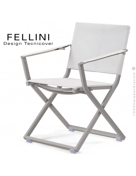 Fauteuil pliant d'extérieur FELLINI, structure aluminium peint gris Tourterelle, assise et dossier tissu Batyline, blanc.