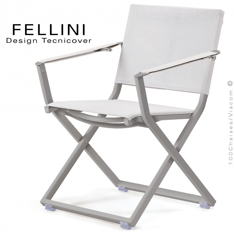 Fauteuil pliant d'extérieur FELLINI, structure aluminium peint gris Tourterelle, assise et dossier tissu Batyline, blanc.