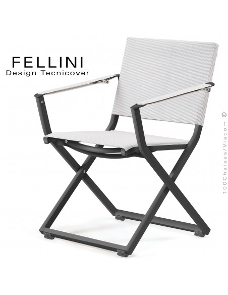 Fauteuil pliant d'extérieur FELLINI, structure aluminium peint noir, assise et dossier tissu technique Batyline, blanc.