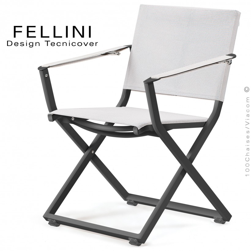 Fauteuil pliant d'extérieur FELLINI, structure aluminium peint noir, assise et dossier tissu technique Batyline, blanc.