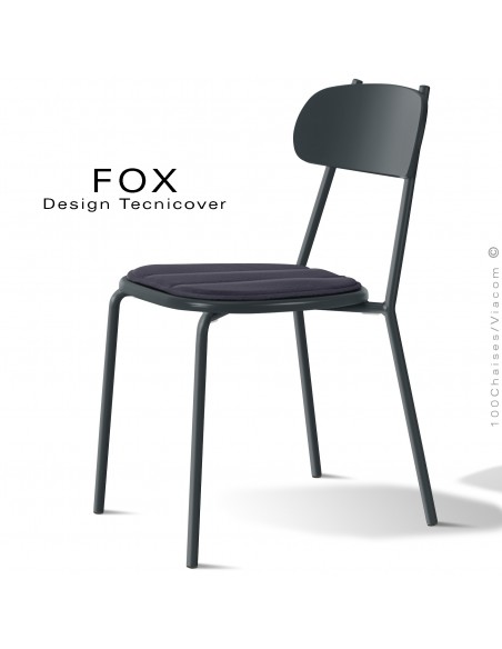 Chaise design rétro d'extérieur FOX, structure acier peint anthracite, assise confort avec coussin couleur anthracite.