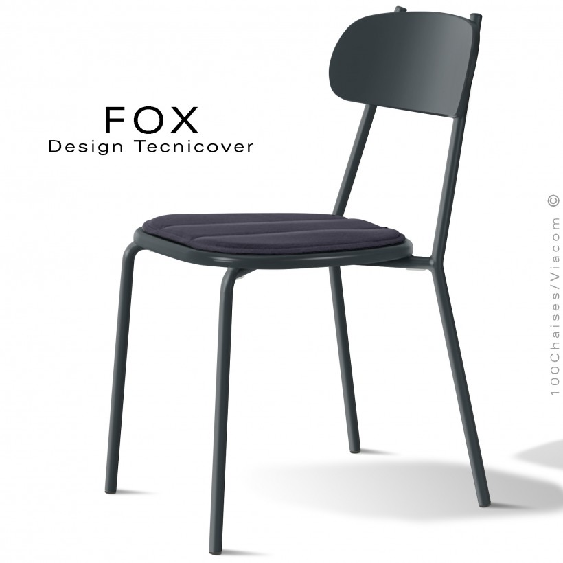 Chaise design rétro d'extérieur FOX, structure acier peint anthracite, assise confort avec coussin couleur anthracite.