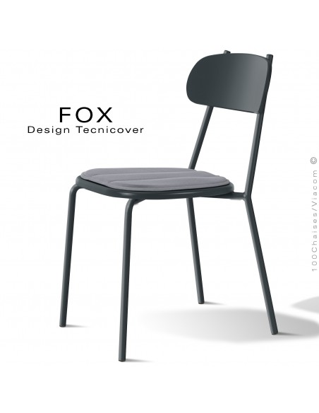 Chaise design rétro d'extérieur FOX, structure acier peint anthracite, assise confort avec coussin couleur argent-gris.