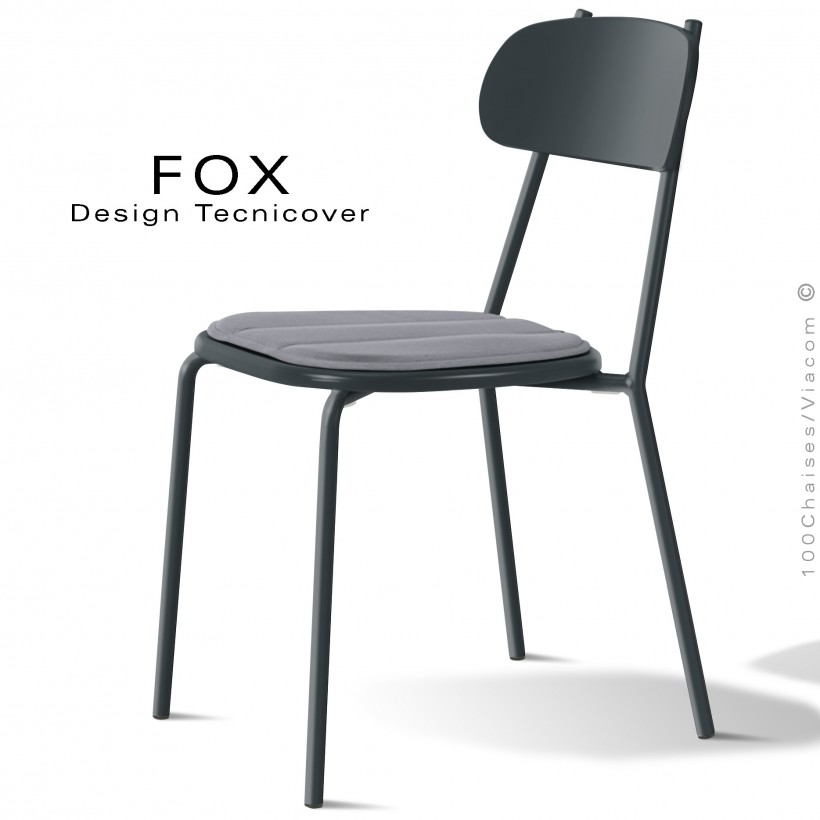 Chaise design rétro d'extérieur FOX, structure acier peint anthracite, assise confort avec coussin couleur argent-gris.