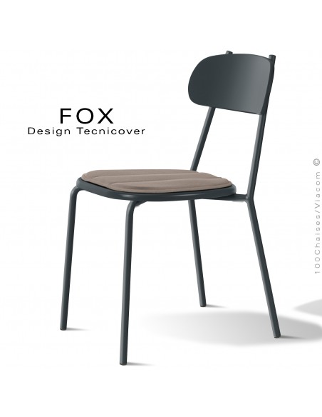 Chaise design rétro d'extérieur FOX, structure acier peint anthracite, assise confort avec coussin couleur écru.