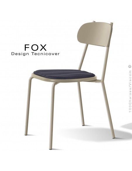 Chaise design rétro d'extérieur FOX, structure acier peint beige, assise confort avec coussin couleur anthracite.