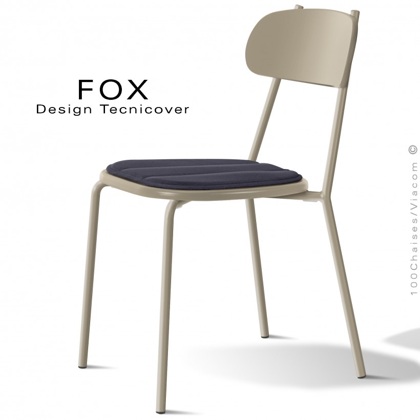 Chaise design rétro d'extérieur FOX, structure acier peint beige, assise confort avec coussin couleur anthracite.