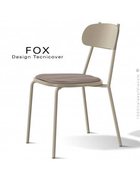 Chaise design rétro d'extérieur FOX, structure acier peint beige, assise confort avec coussin couleur écru.