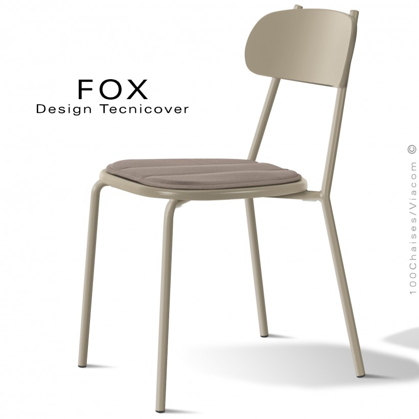 Chaise design rétro d'extérieur FOX, structure acier peint beige, assise confort avec coussin couleur écru.