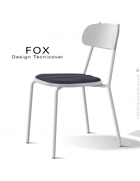 Chaise design rétro d'extérieur FOX, structure acier peint blanc, assise confort avec coussin couleur anthracite.