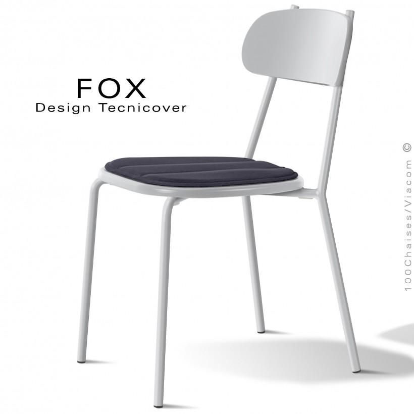 Chaise design rétro d'extérieur FOX, structure acier peint blanc, assise confort avec coussin couleur anthracite.