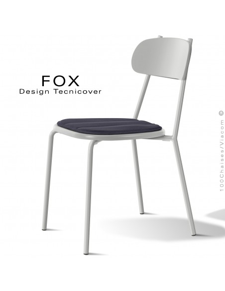 Chaise design rétro d'extérieur FOX, structure acier peint blanc perle, assise confort avec coussin couleur anthracite.