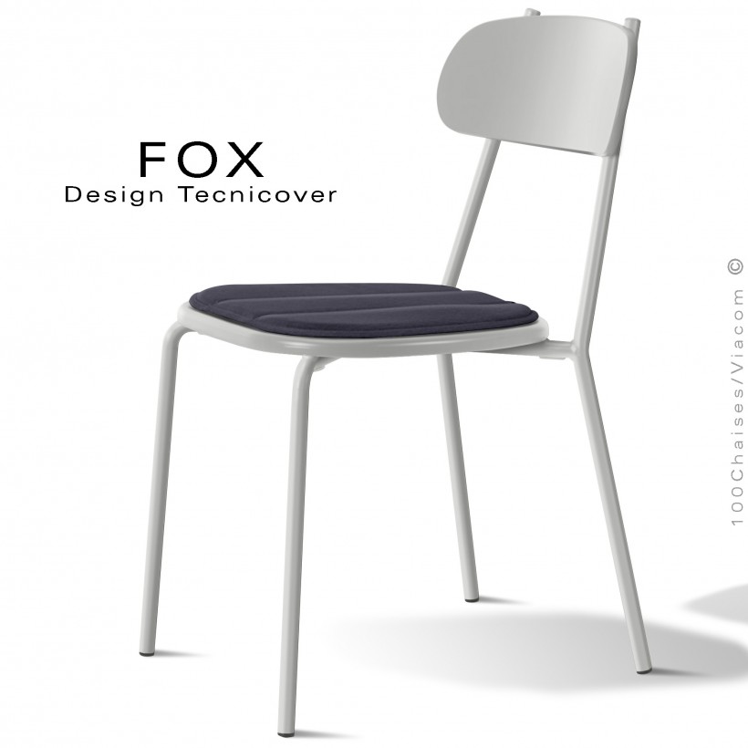 Chaise design rétro d'extérieur FOX, structure acier peint blanc perle, assise confort avec coussin couleur anthracite.