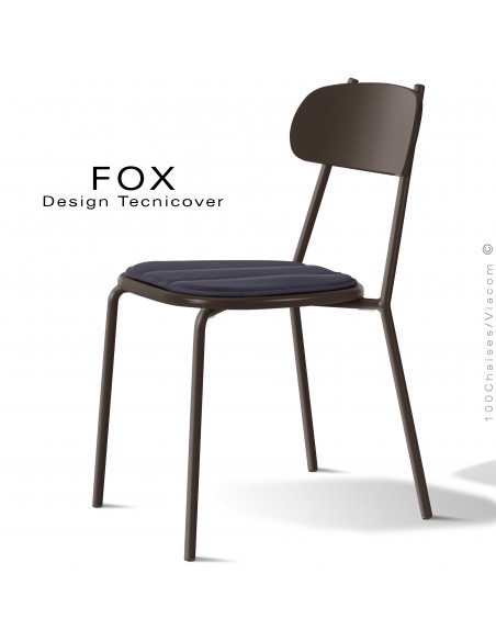 Chaise design rétro d'extérieur FOX, structure acier peint bronze, assise confort avec coussin couleur anthracite.