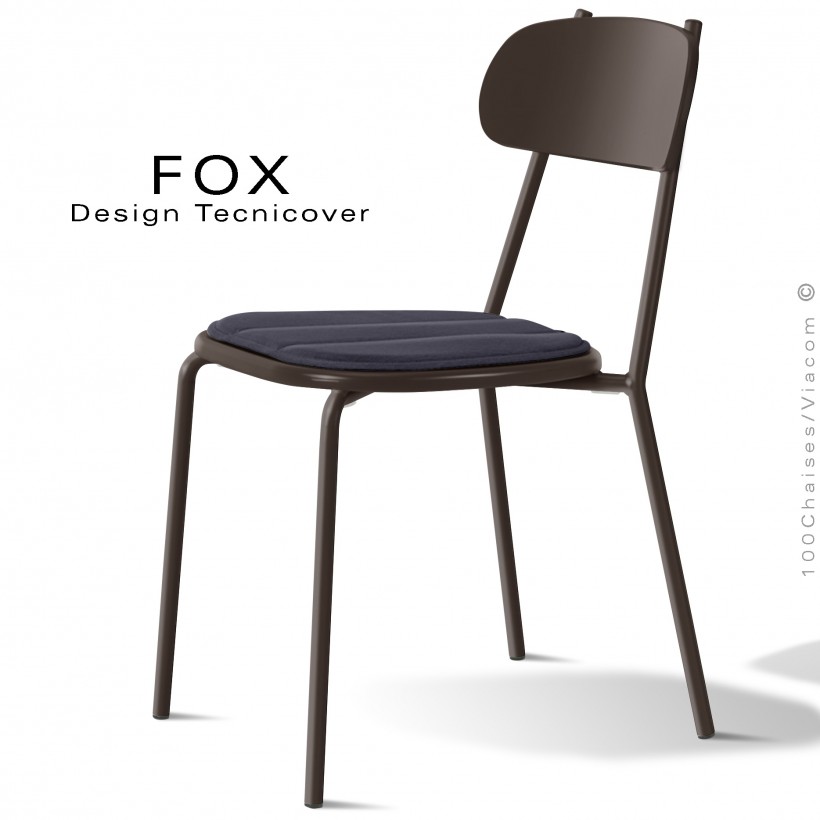 Chaise design rétro d'extérieur FOX, structure acier peint bronze, assise confort avec coussin couleur anthracite.