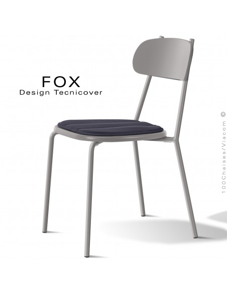 Chaise design rétro d'extérieur FOX, structure acier peint gris Tourterelle, assise confort avec coussin couleur anthracite.