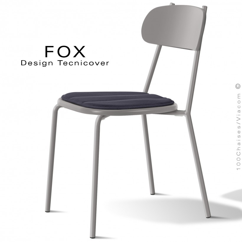 Chaise design rétro d'extérieur FOX, structure acier peint gris Tourterelle, assise confort avec coussin couleur anthracite.