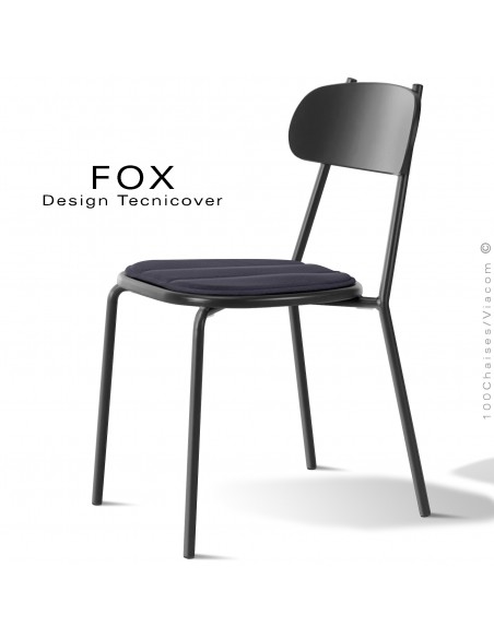 Chaise design rétro d'extérieur FOX, structure acier peint noir, assise confort avec coussin couleur anthracite.