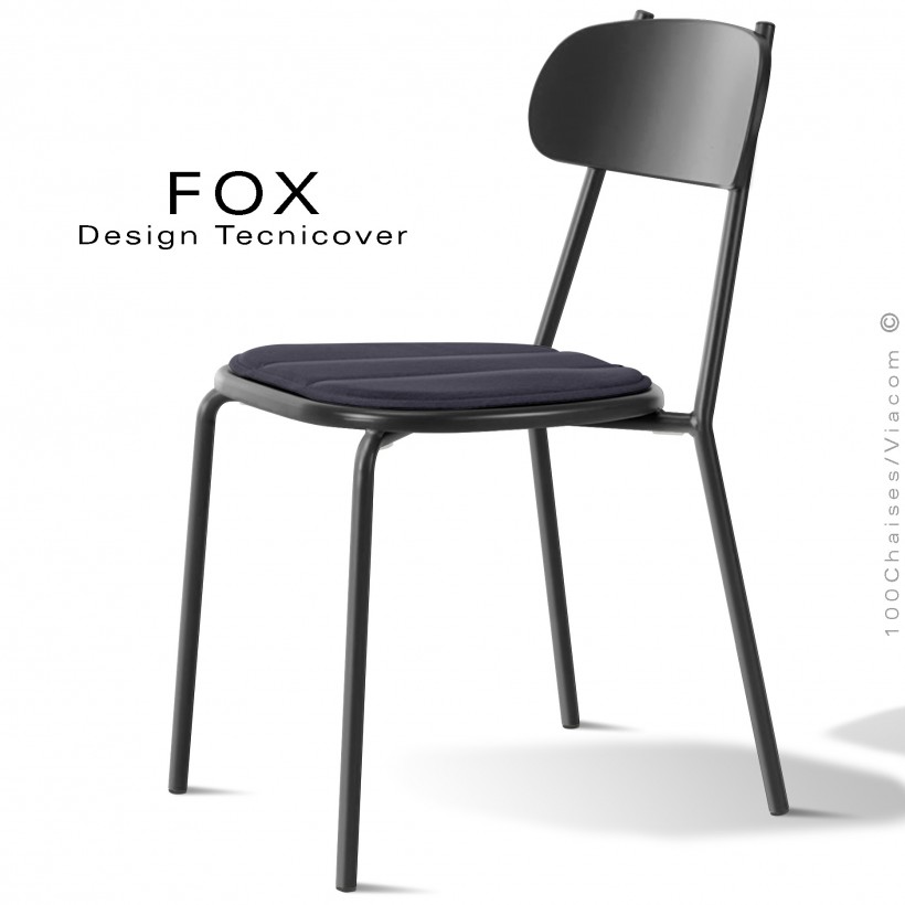 Chaise design rétro d'extérieur FOX, structure acier peint noir, assise confort avec coussin couleur anthracite.