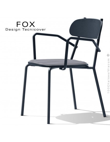 Fauteuil design rétro d'extérieur FOX, structure acier peint anthracite, assise avec coussin aimanté couleur gris-argent.