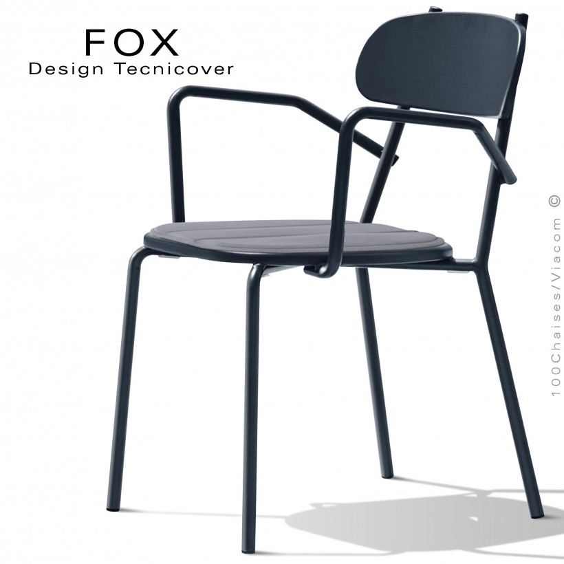 Fauteuil design rétro d'extérieur FOX, structure acier peint anthracite, assise avec coussin aimanté couleur gris-argent.